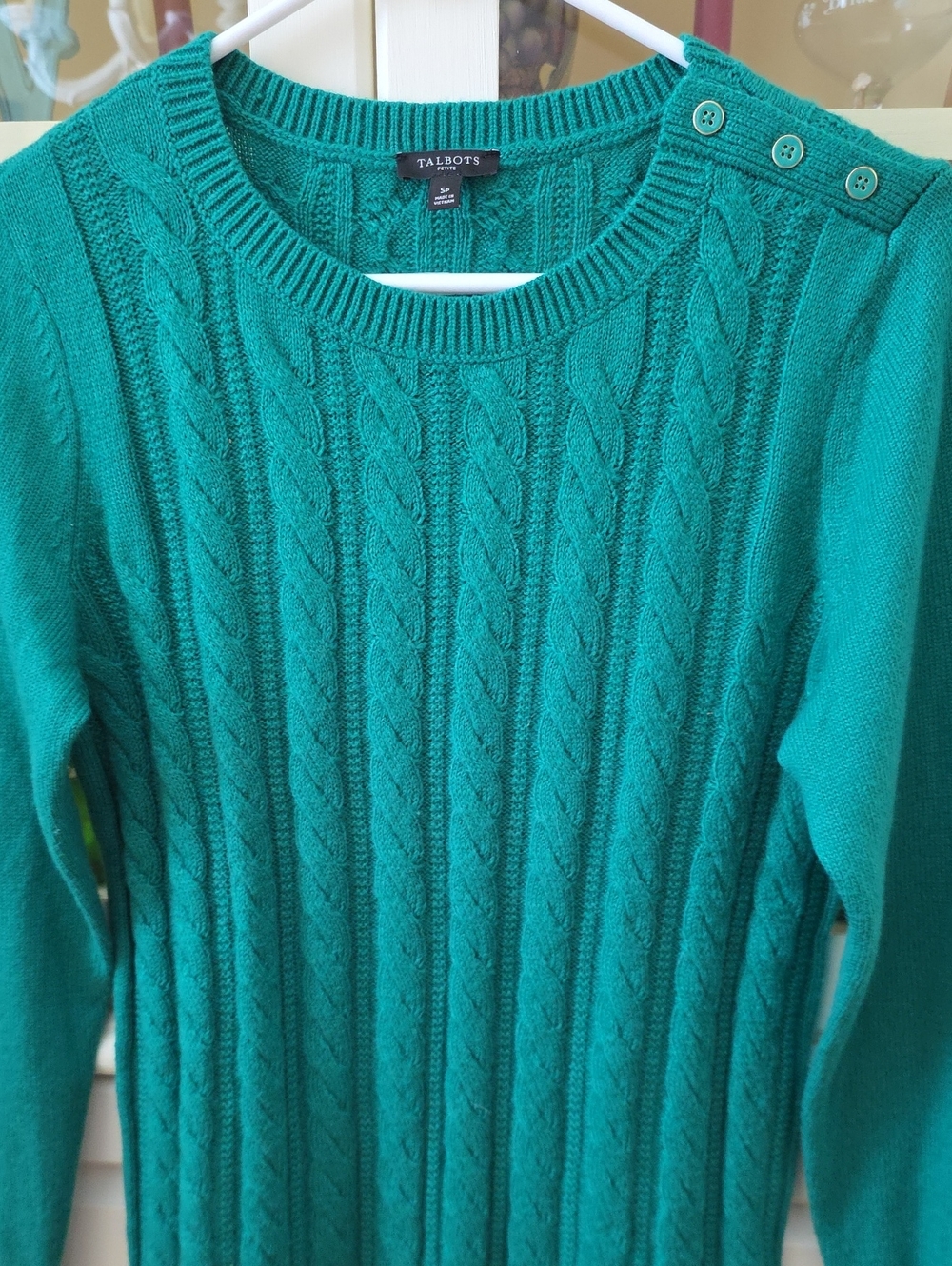 Talbots Green Cable-Knit Crewneck Sweater with Button Shoulder